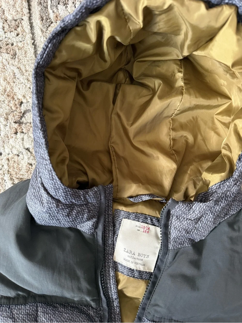 Zara Gray Quilted Hooded Puffer Vest with Olive Lining